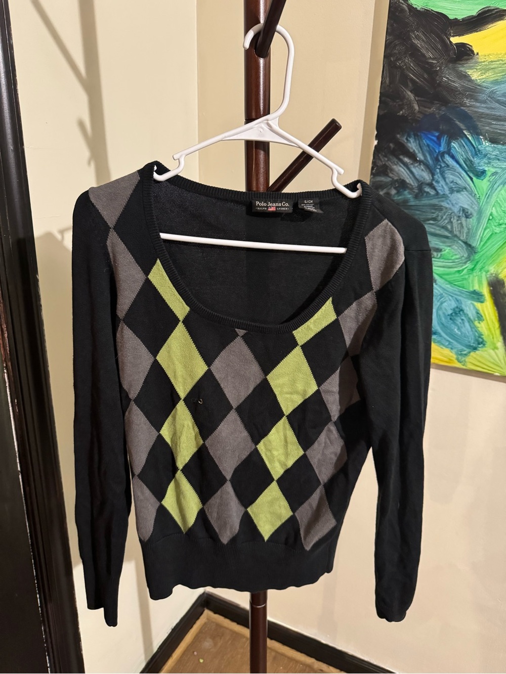 Polo Jeans Co. Argyle Scoop Neck Sweater - Black & Lime